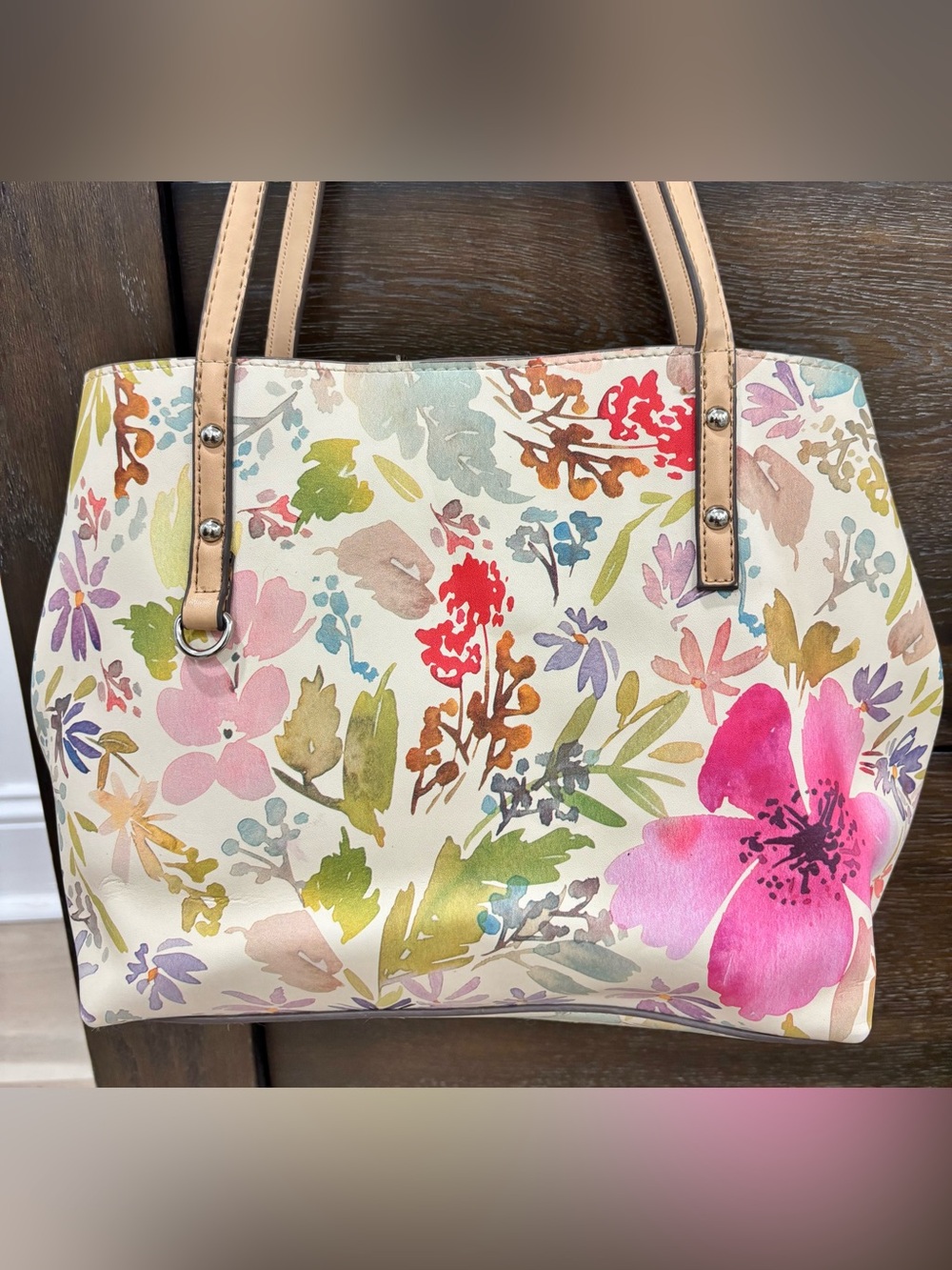 Nanette Lepore Watercolor Floral Tote Bag White Pink Faux Leather Good Condition